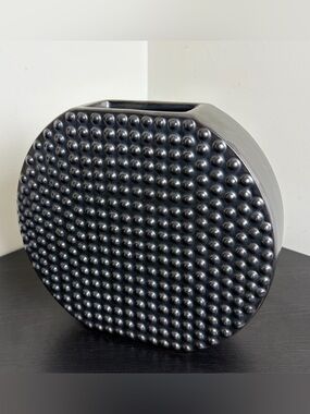 CB2 Gunmetal Metallic Hobnail Bubble Texture Ceramic Vase Round Small Brutalist